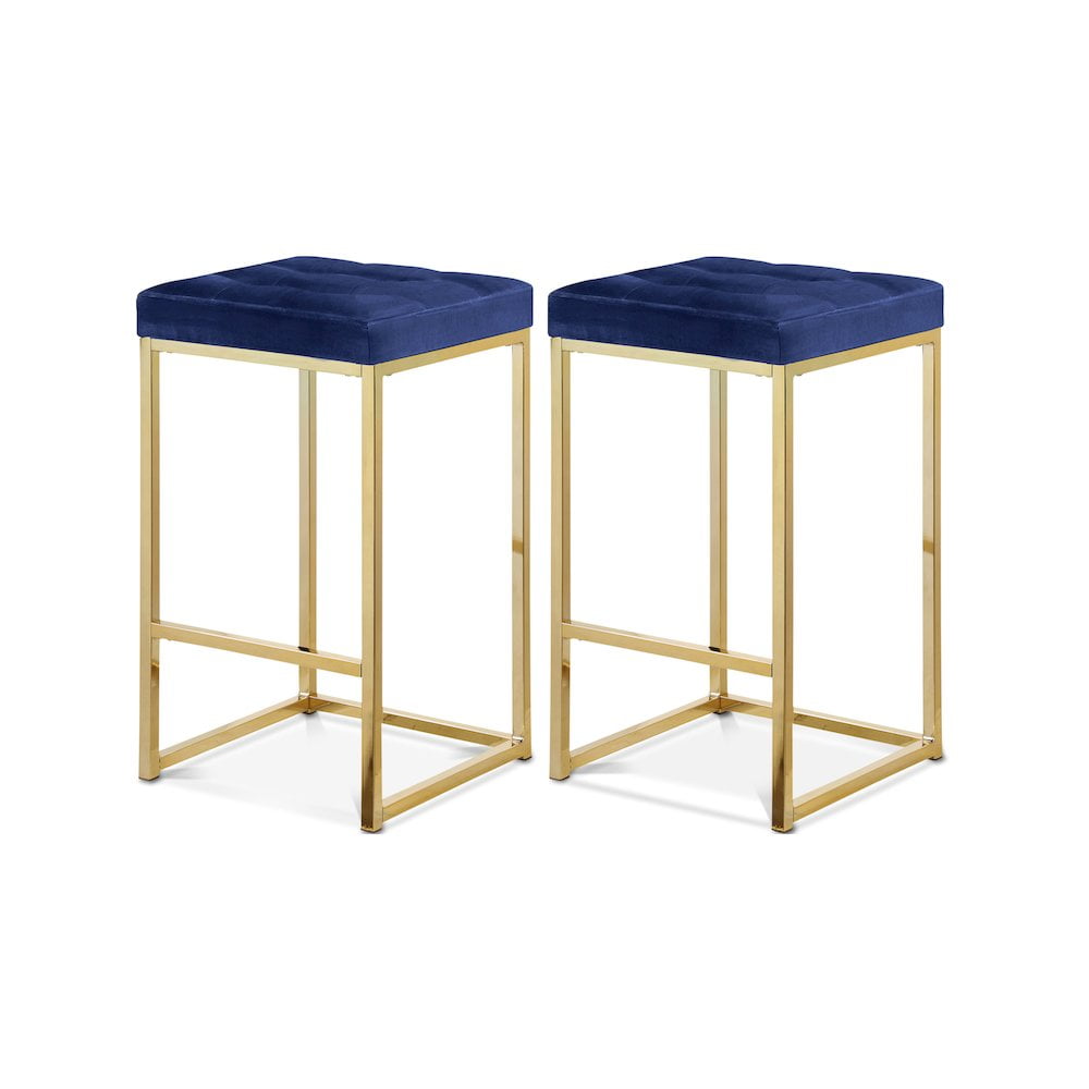 Navy Velvet and Gold Metal Counter Stool Set, 26.5" Height