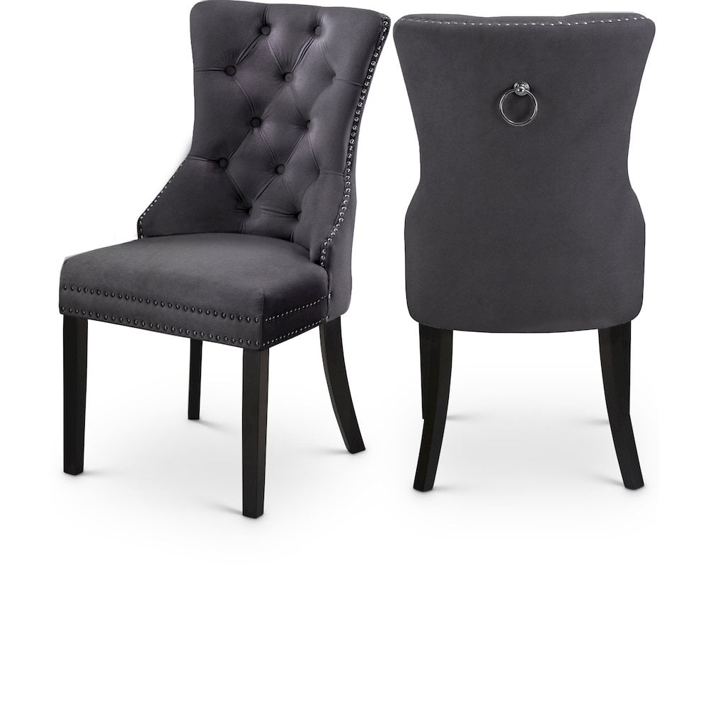 Nikki Grey Velvet Upholstered Dining Chair with Espresso Wood Legs