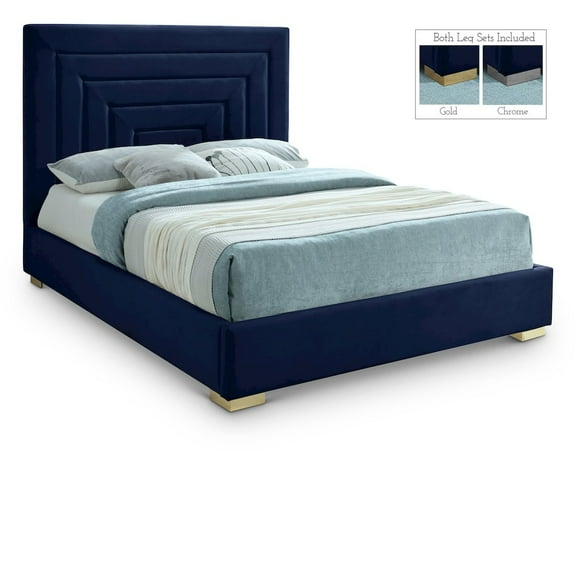 Meridian Furniture Nora Navy Velvet King Bed with Gold/Chrome Legs Included