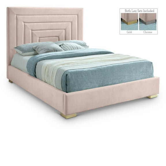 Meridian Furniture Nora Pink Velvet King Bed with Gold/Chrome Legs Included