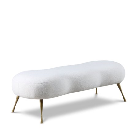 Meridian Furniture Nube White Faux Sheepskin Fur Bench in Gold Finish