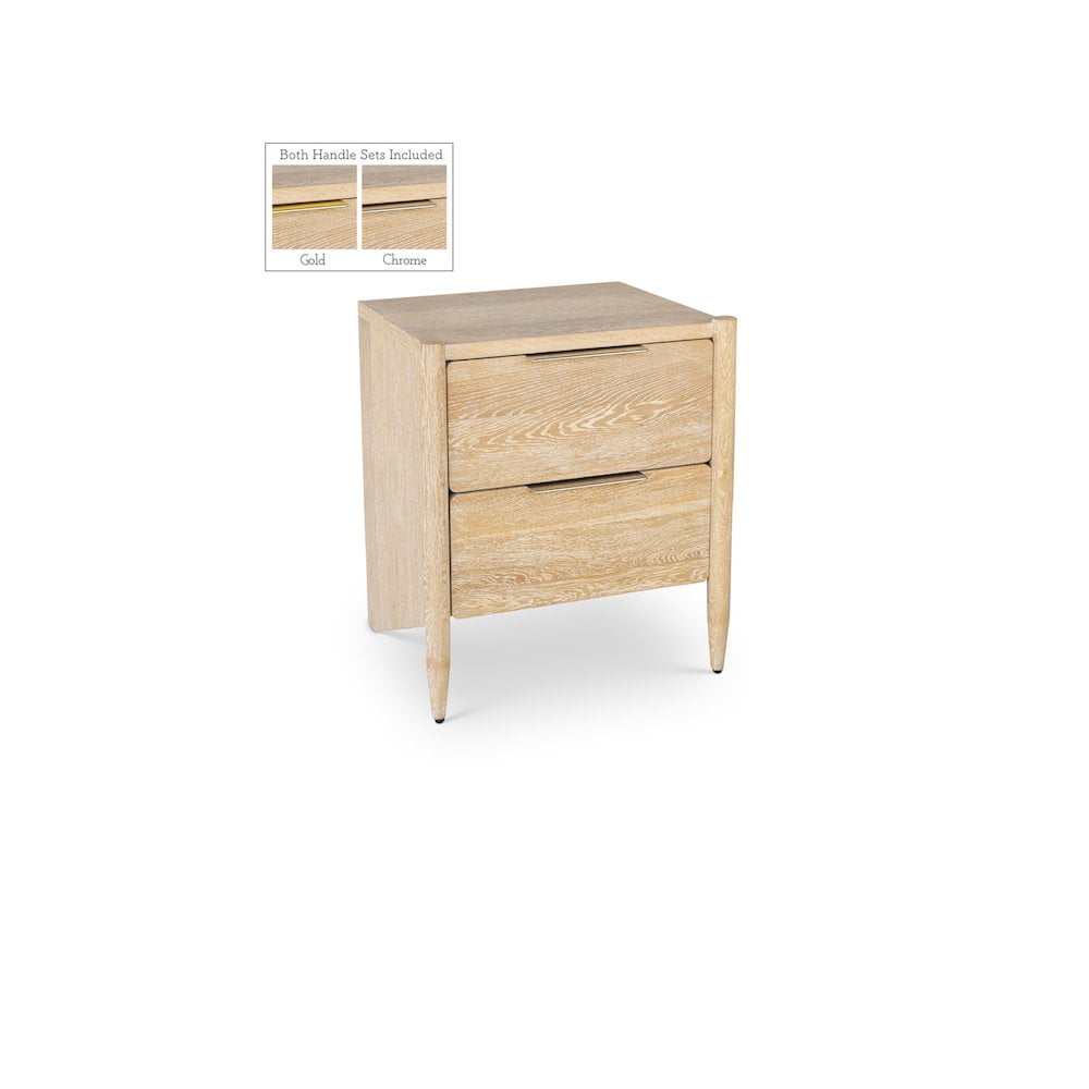 Mid-Century Cerused White Oak Nightstand with Brass & Chrome Handles