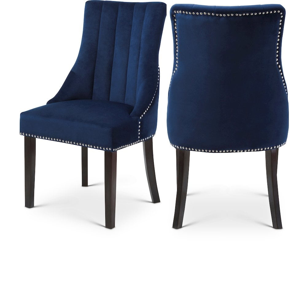 Espresso Wood & Navy Velvet High-Back Side Chair with Chrome Accents