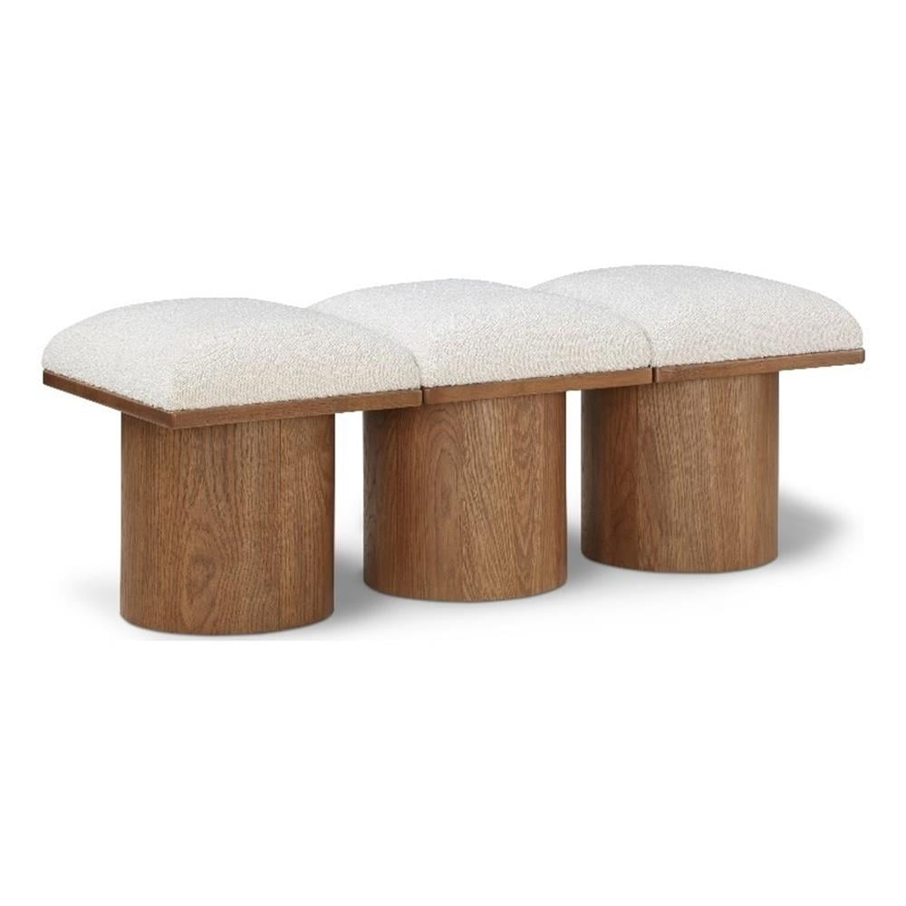 Cream Boucle Fabric Bench with Walnut Oak Veneer