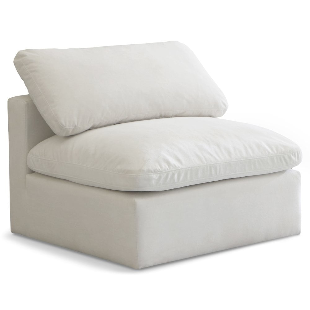 Cream Velvet Modular Armless Chair with Overstuffed Cushions