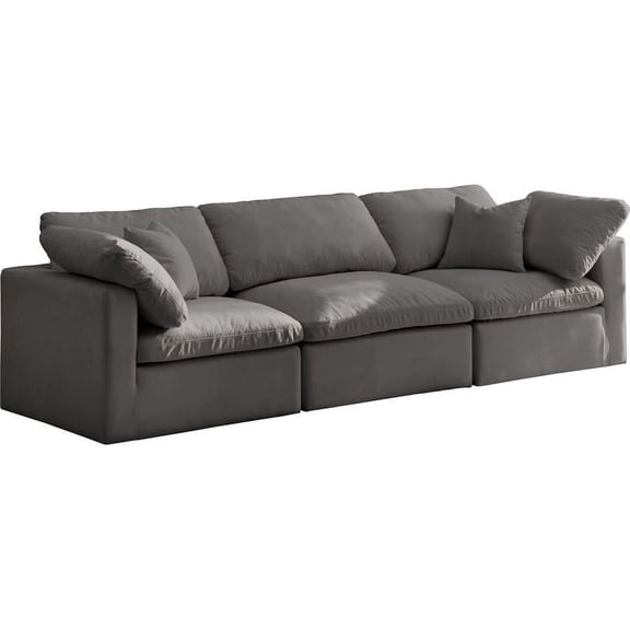 Meridian Furniture Plush Standard Modular Sofa, Soft Grey Velvet, Overstuffed Down Feather Cushions