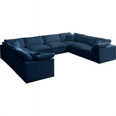 Meridian Furniture Plush Velvet Sectional Sofa with Overstuffed Down Feather Cushions, Navy Velvet