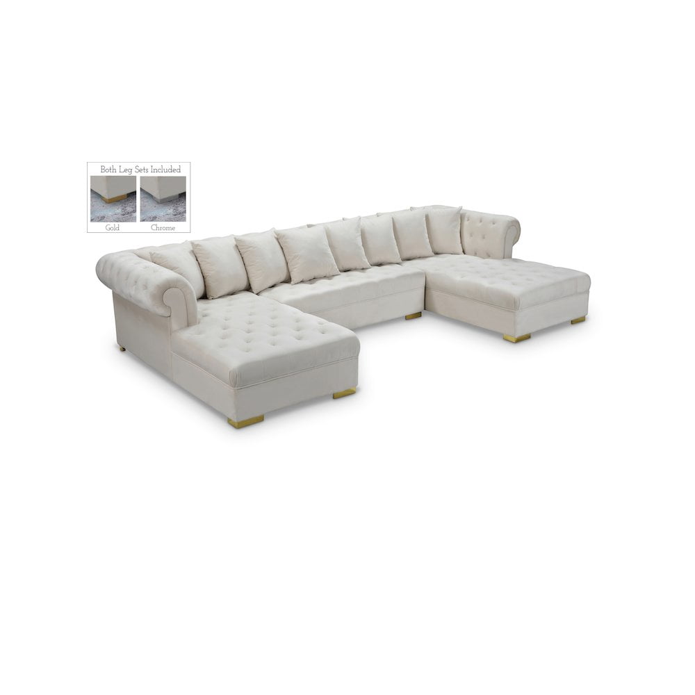Cream Velvet Tufted Three Piece Sectional Sofa with Solid Wood Frame