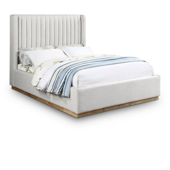 Meridian Furniture Queen Contemporary Linen Fabric Wingback Bed, Cream