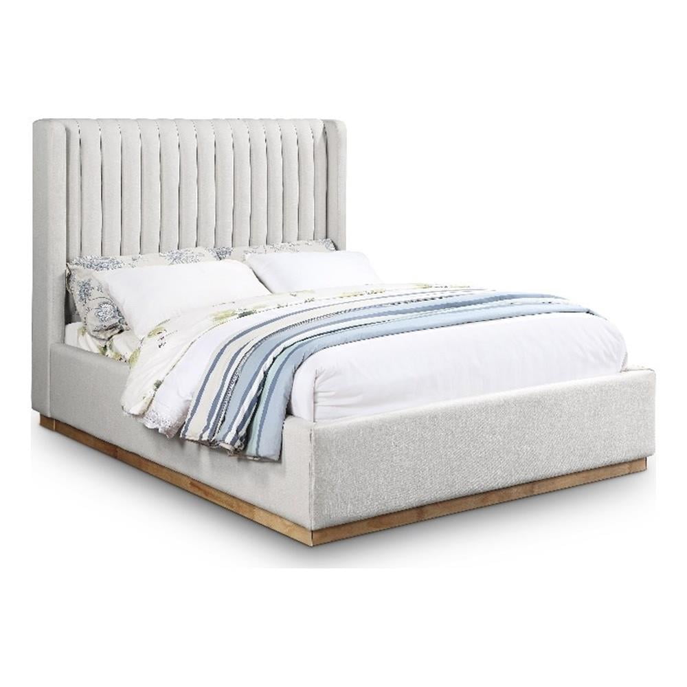 Queen Cream Linen Upholstered Wingback Bed with Tufted Headboard