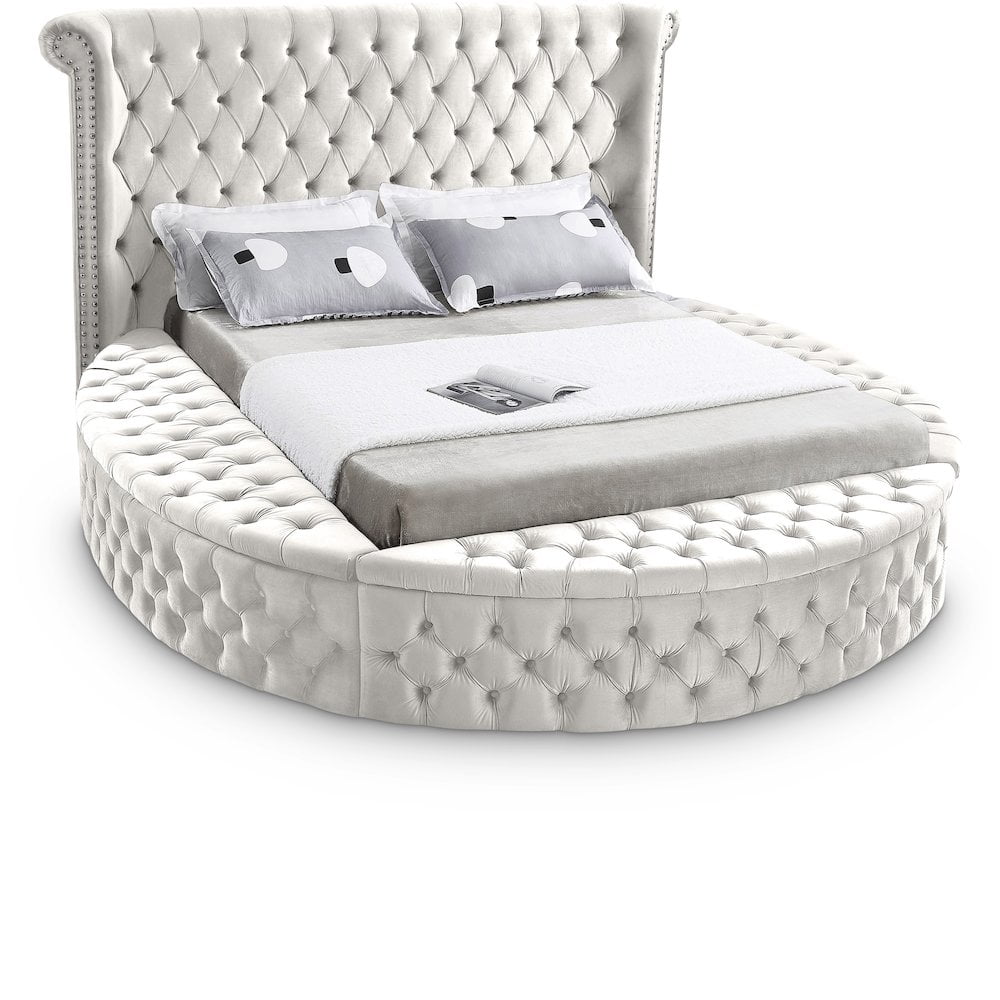 Cream Velvet Queen Bed with Tufted Upholstery and Storage