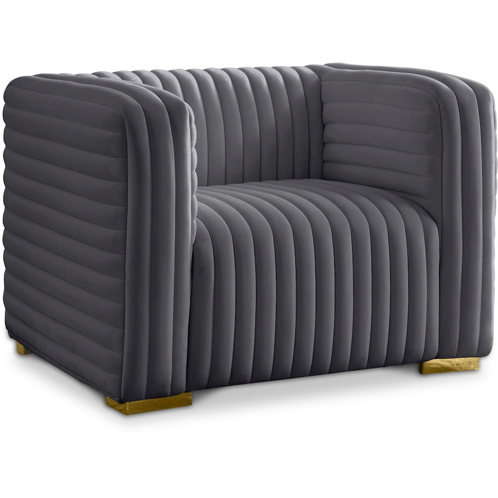 Elegant Grey Velvet Lounge Chair with Customizable Metallic Legs