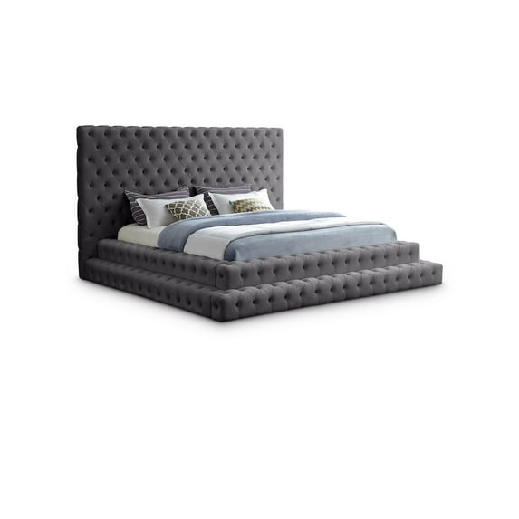 Meridian Furniture Revel King Size Glam Velvet Platform Bed, Grey