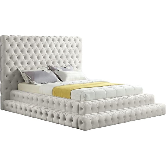 Meridian Furniture Revel Queen Size Deep Button Tufting Modern Velvet Platform Bed, Cream