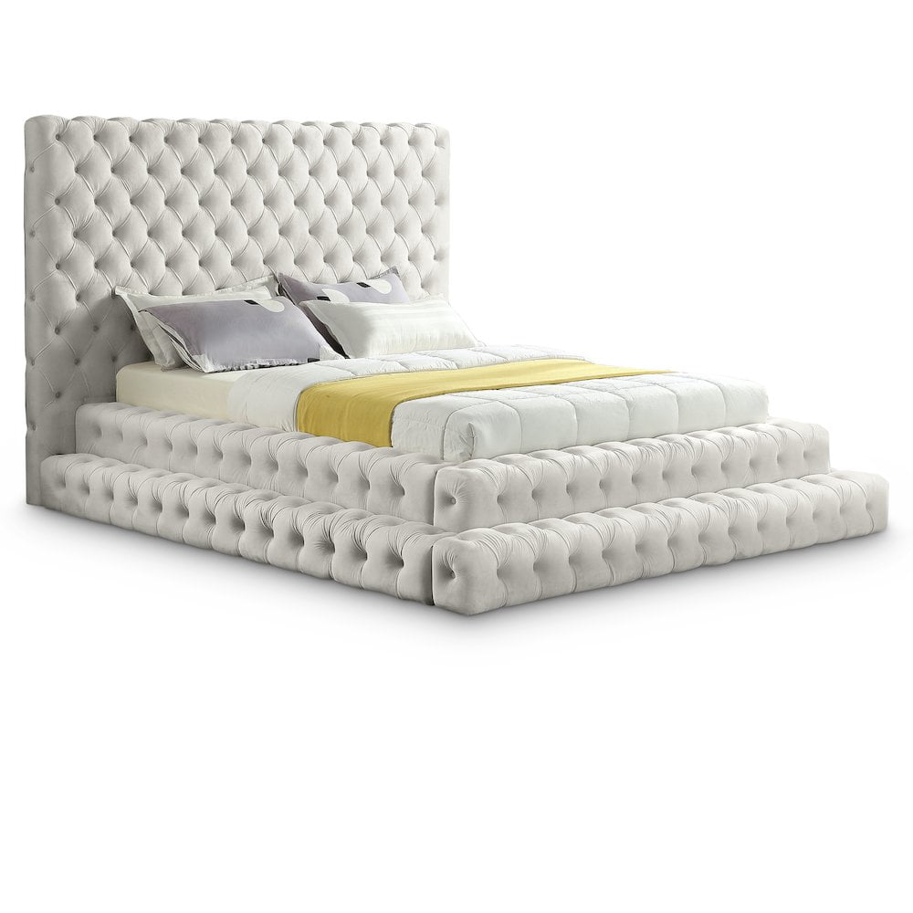 Meridian Furniture Revel Queen Size Deep Button Tufting Modern Velvet Platform Bed, Cream