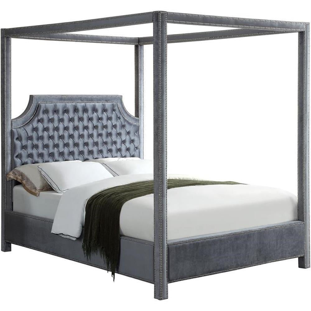 Regal Gray Velvet Tufted Queen Bed with Nailhead Trim and Canopy