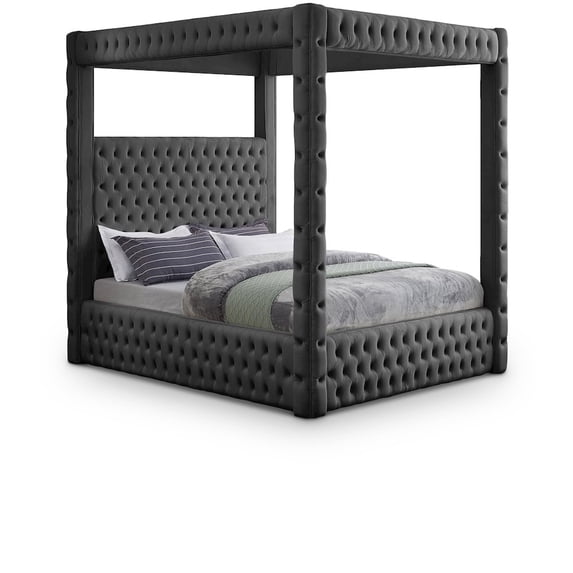Meridian Furniture Royal Queen Canopy Bed Upholstered Velvet, Grey