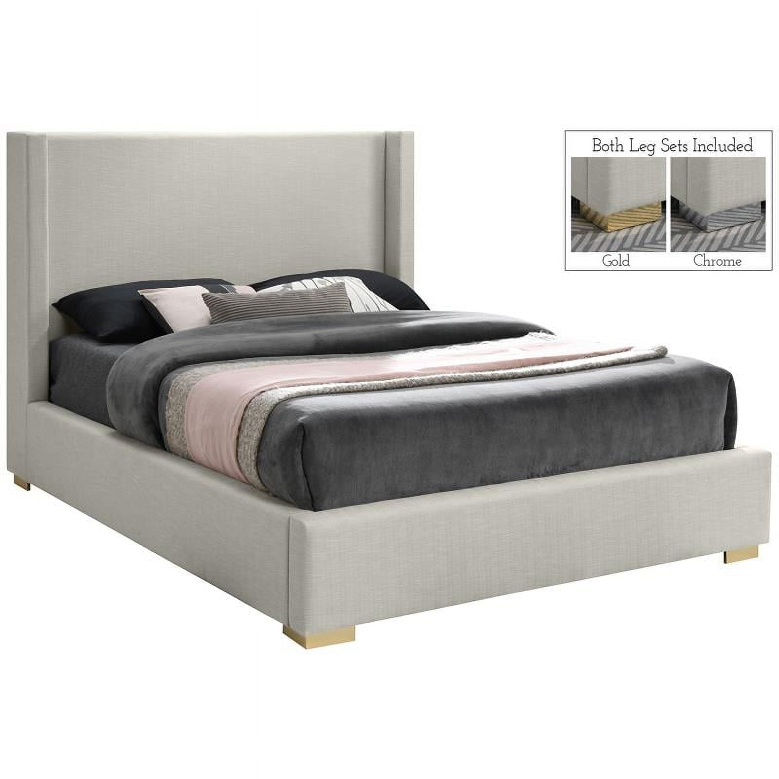 Luxe Beige Linen Wingback King Bed with Chrome Accents