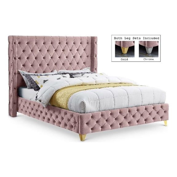 Meridian Furniture Savan Pink Velvet Queen Bed
