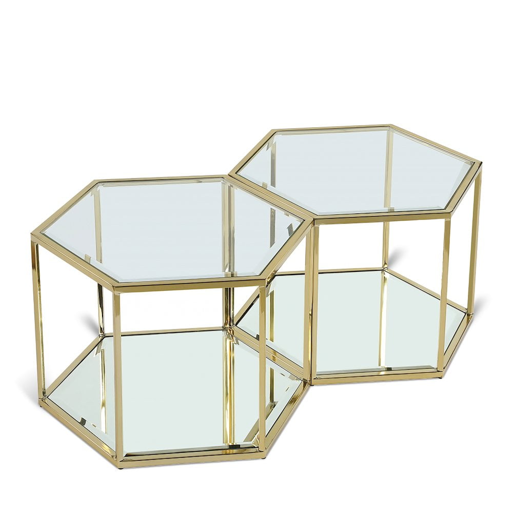 Elegant Brushed Gold and Glass Modular Coffee Table Set