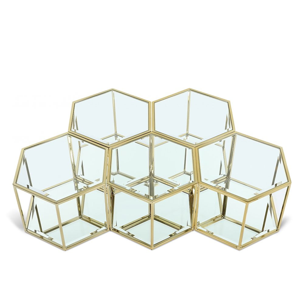 Modular Brushed Gold Glass Coffee Table with Storage, 5-Piece Set