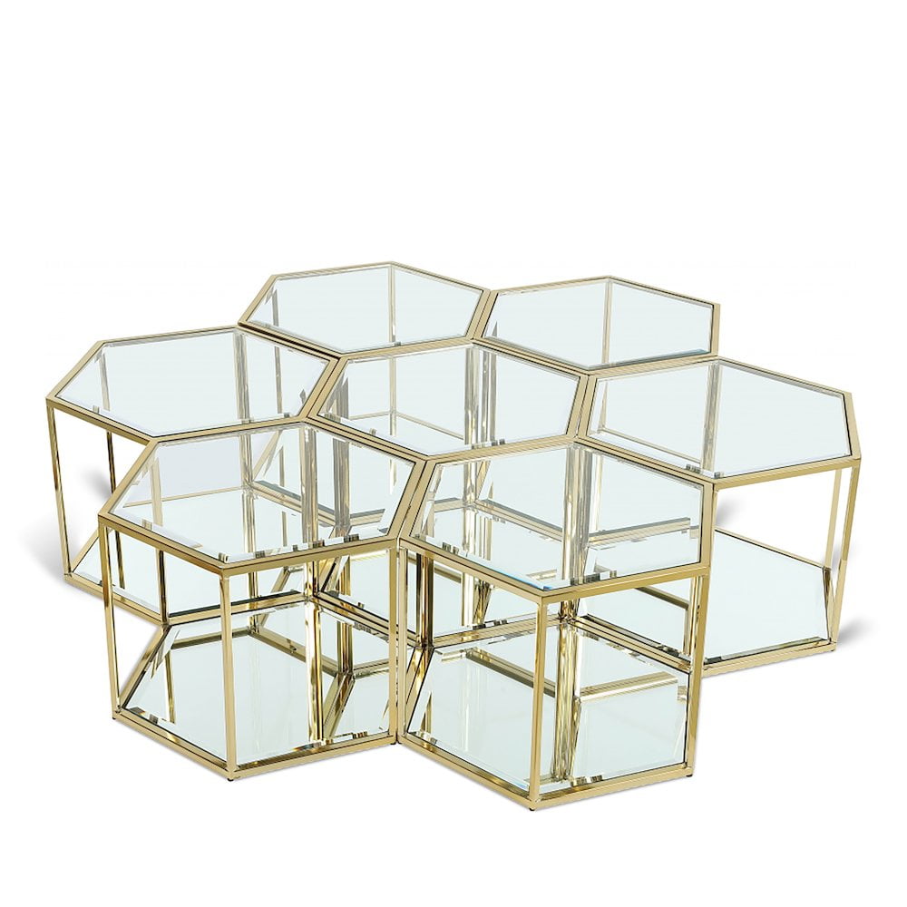 Modular Brushed Gold Glass Coffee Table Set with Storage