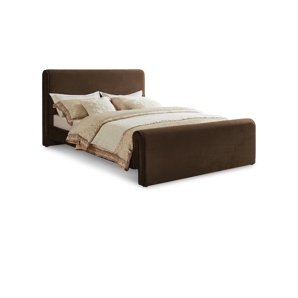Brown Velvet Upholstered Queen Bed with Curved Headboard