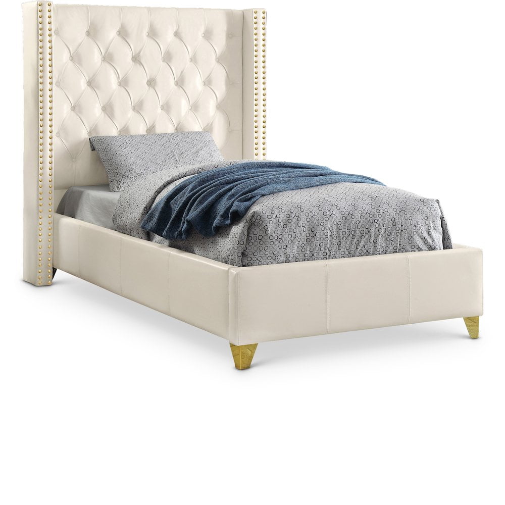 White Twin Upholstered Wood Bed with Tufted Headboard