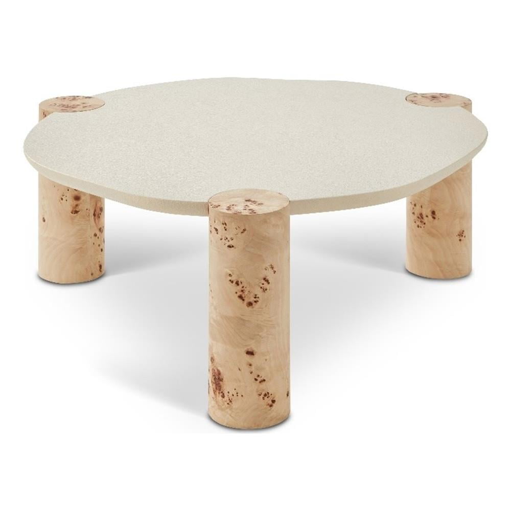 White Resin Top Coffee Table with Burl Veneer Legs