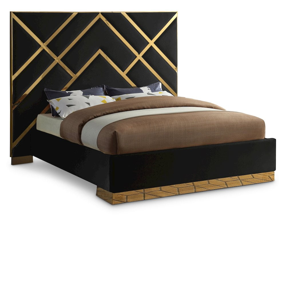Luxurious Black Velvet and Gold Metal King Platform Bed with Geometric Headboard