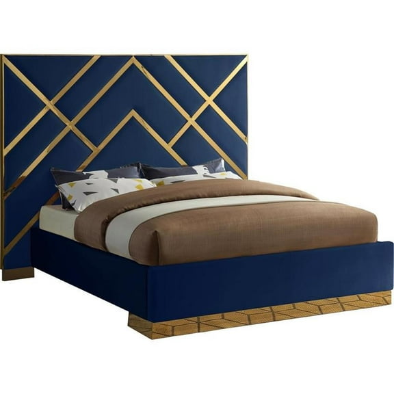 Meridian Furniture Vector Rich Velvet Queen Bed in Navy