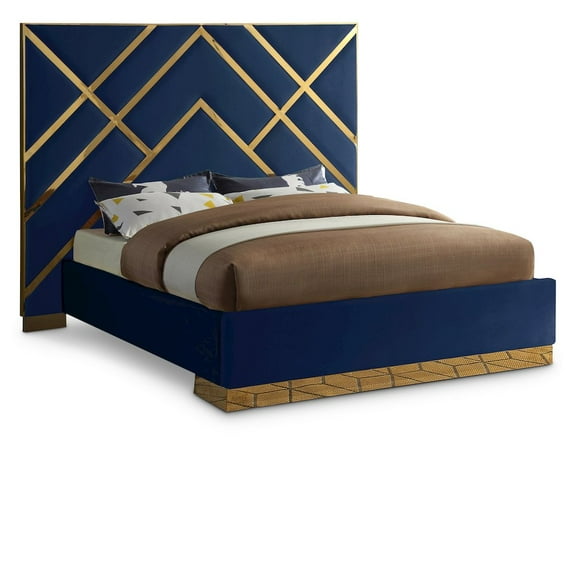 Meridian Furniture Vector Rich Velvet Queen Bed in Navy