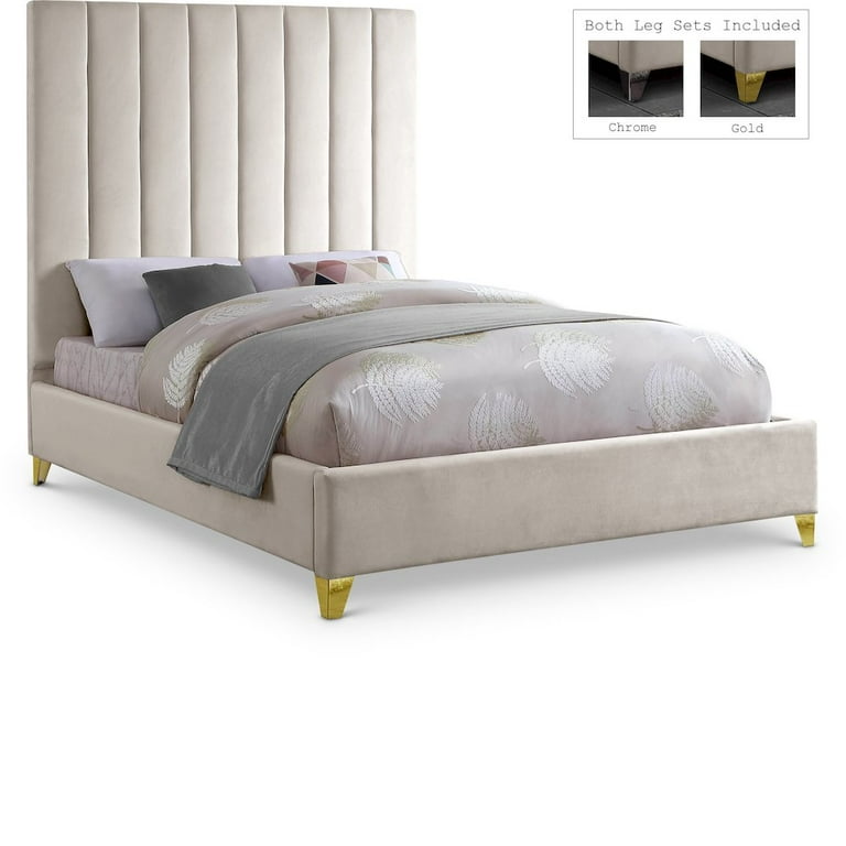 Meridian Furniture Via Queen Bed, Rich Cream Velvet, Tufted