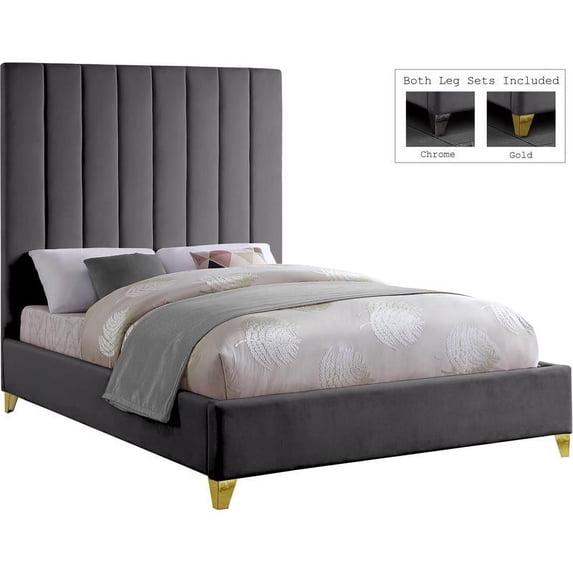 Meridian Furniture Via Rich Velvet Queen Bed in Gray
