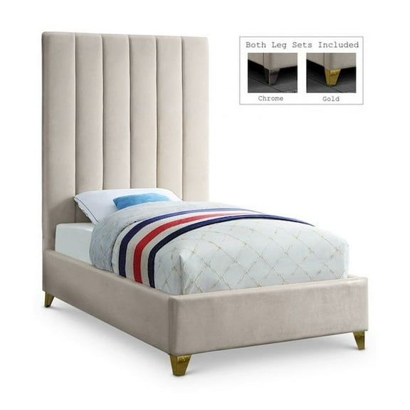 Meridian Furniture Via Rich Velvet Twin Bed in Cream