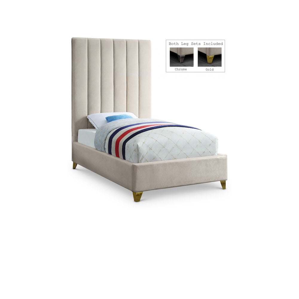 Cream Velvet Twin Bed with Tufted Upholstered Headboard