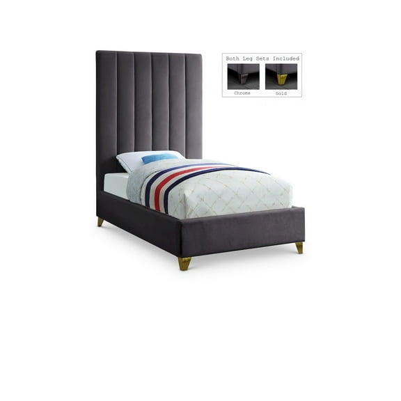 Meridian Furniture Via Rich Velvet Twin Bed in Gray