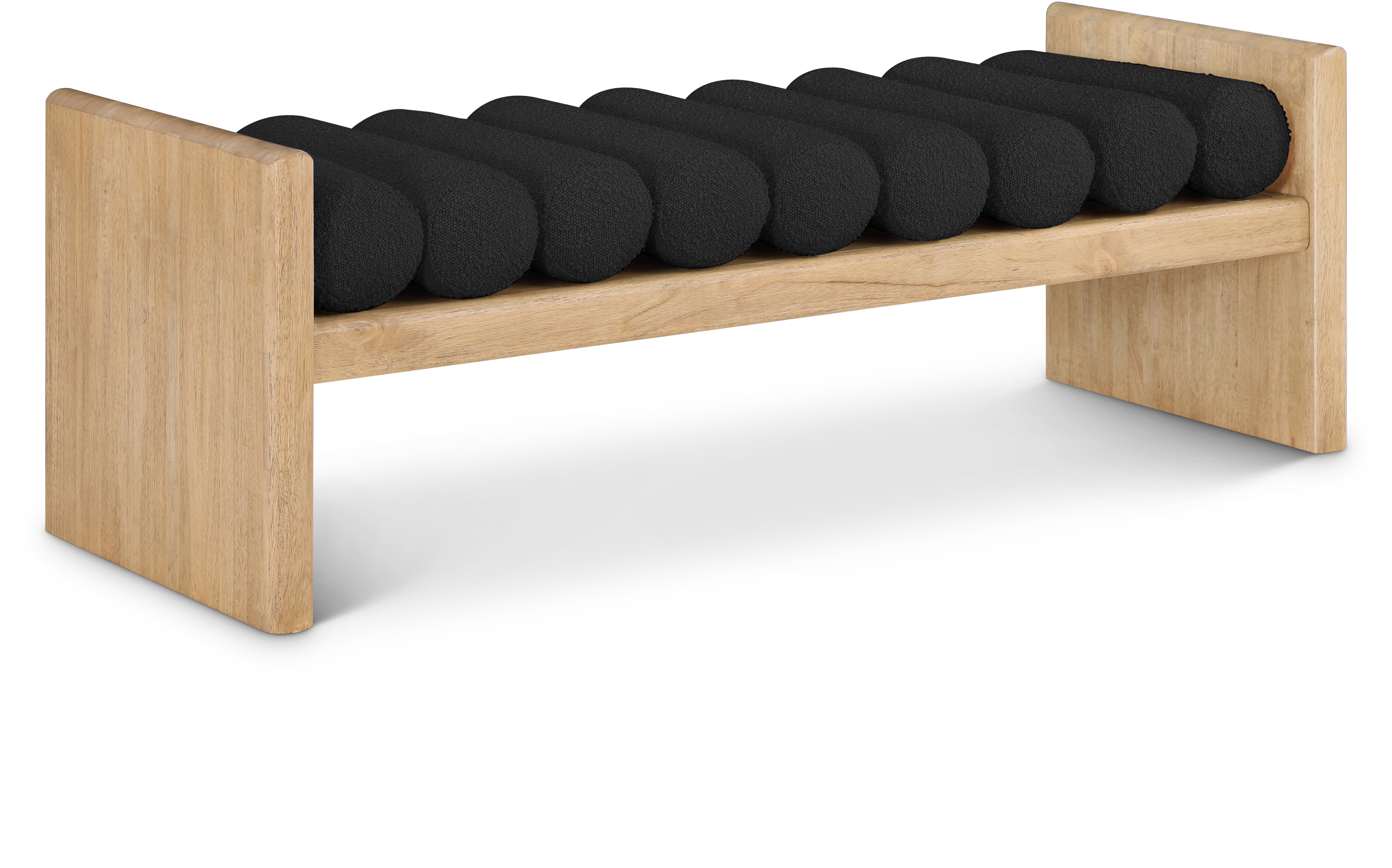 Natural Wood Bench with Black Boucle Fabric Cushions