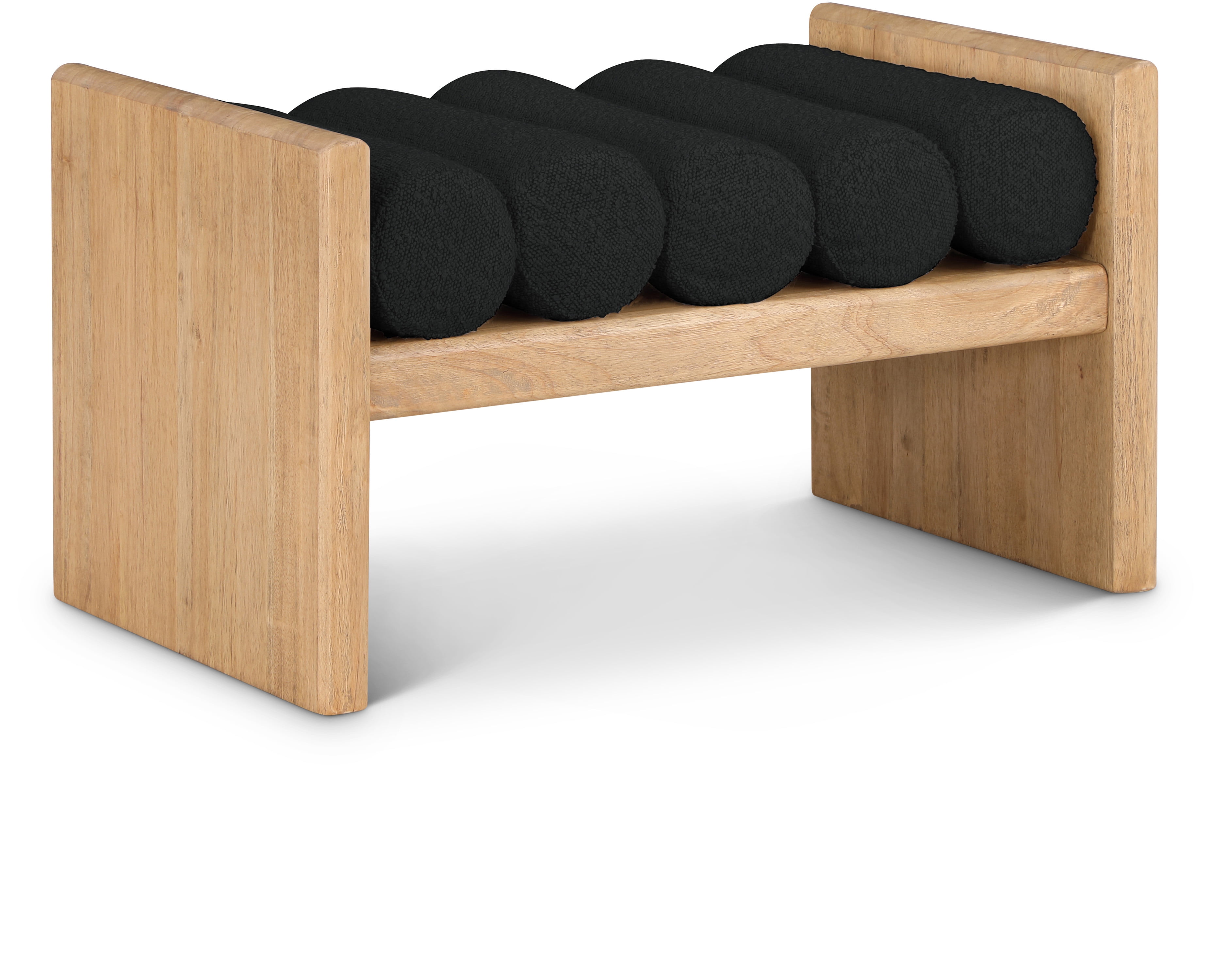 Natural Rubber Wood Bench with Black Boucle Cushion Rolls