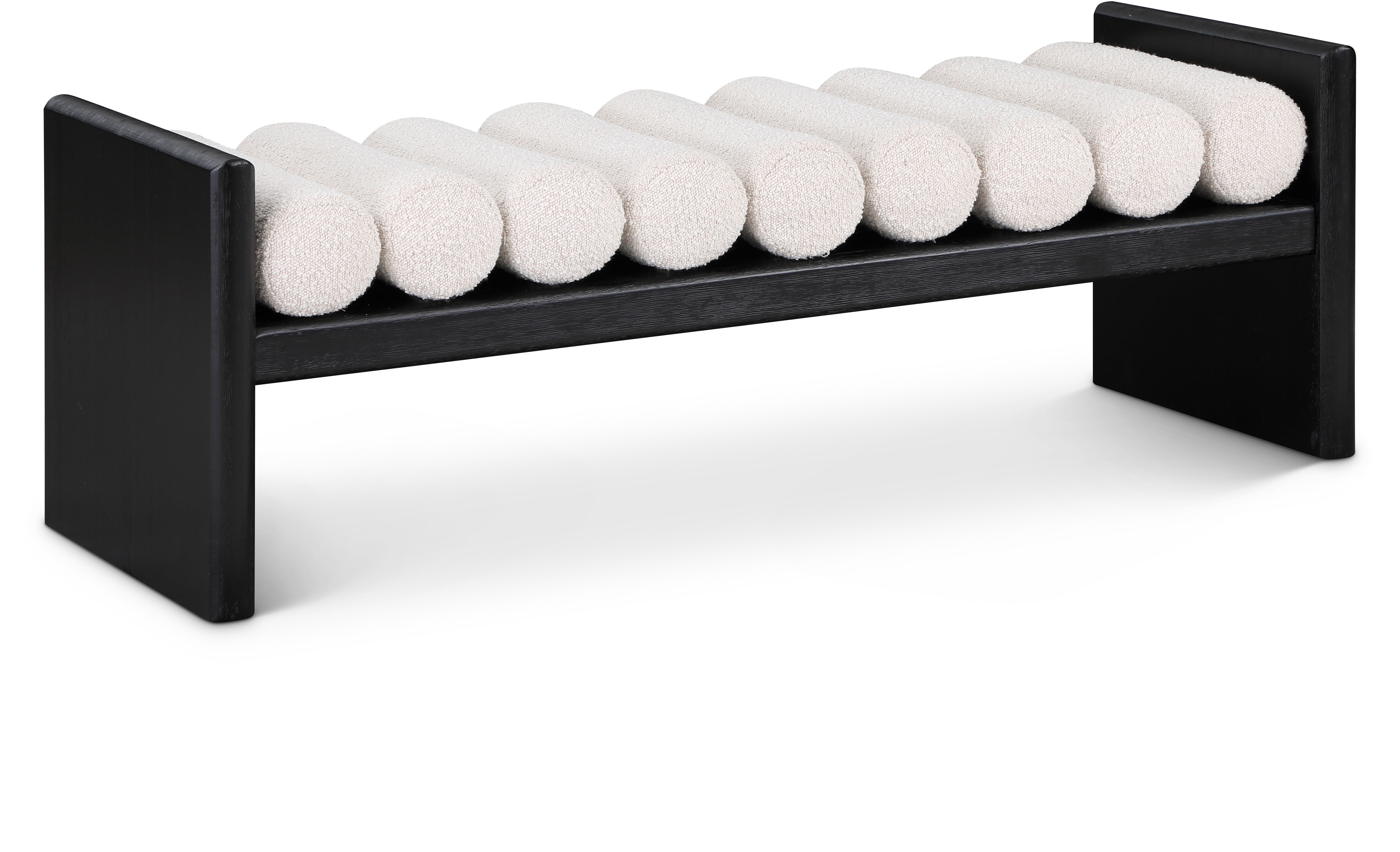 Contemporary Black Wood Bench with Rich Green Boucle Cushion