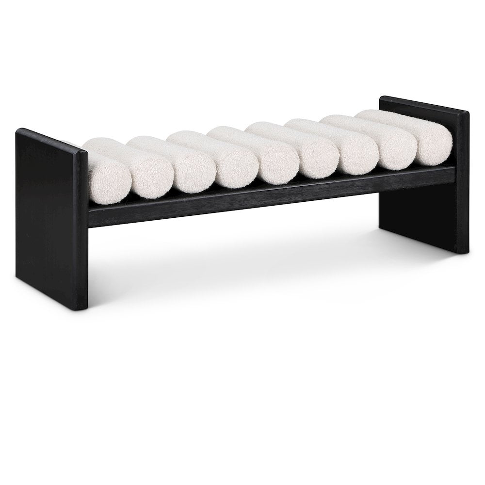 Contemporary Black Wood Bench with Rich Green Boucle Cushion