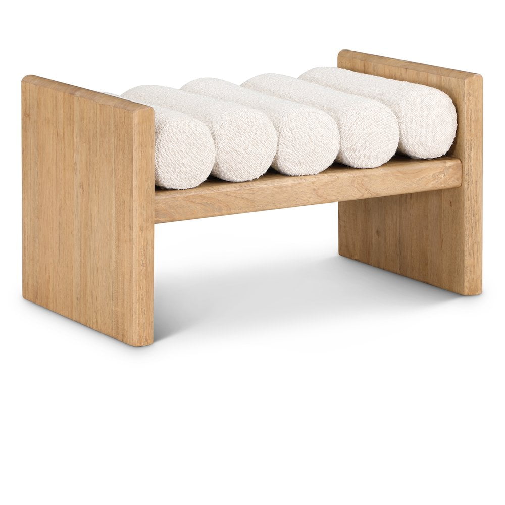 H-Shaped Solid Rubberwood Bench with Cream Boucle Cushions