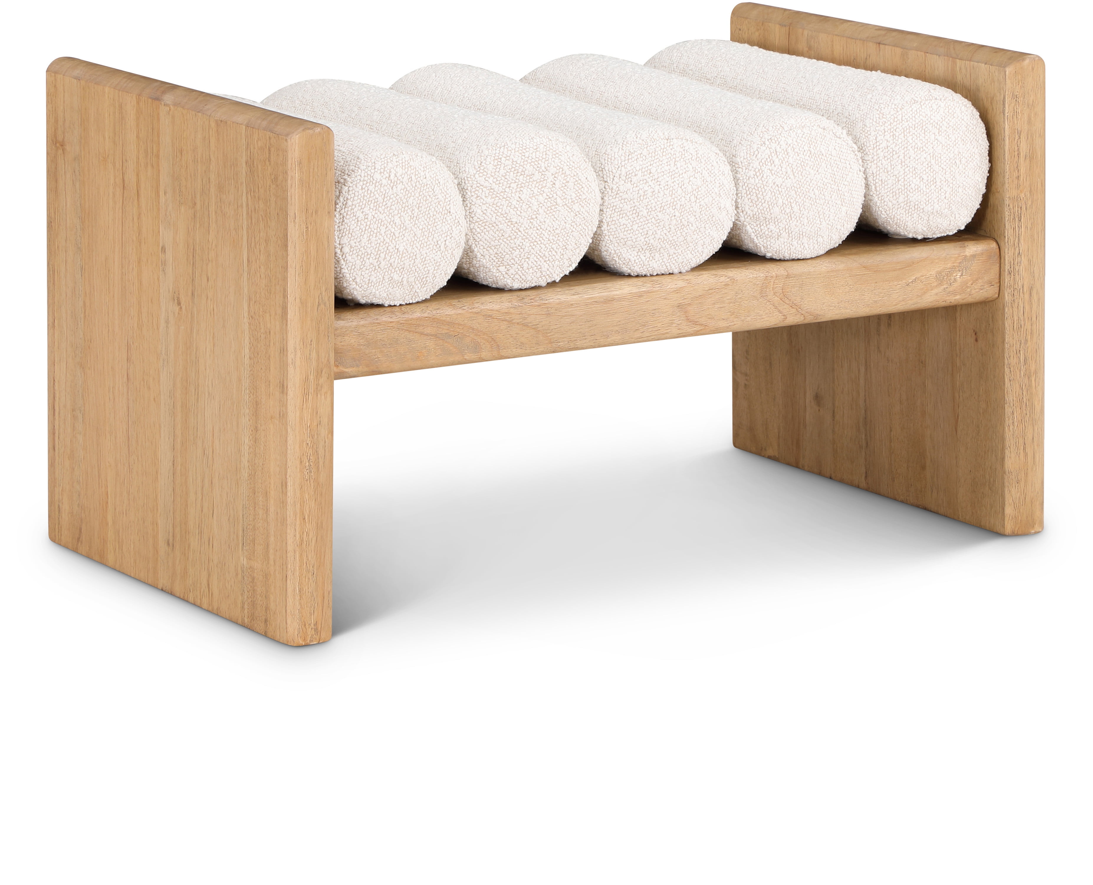 H-Shaped Solid Rubberwood Bench with Cream Boucle Cushions