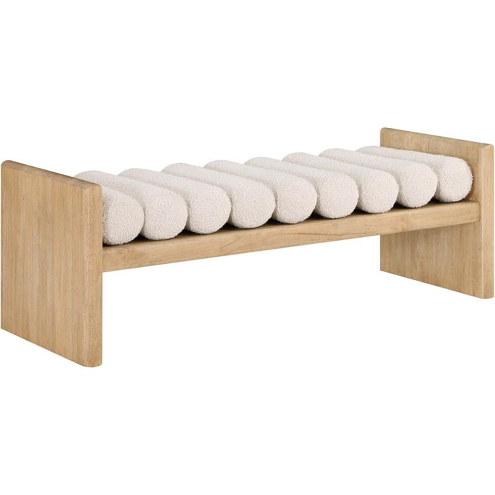 Cream Boucle Fabric and Wood H-Shaped Bench
