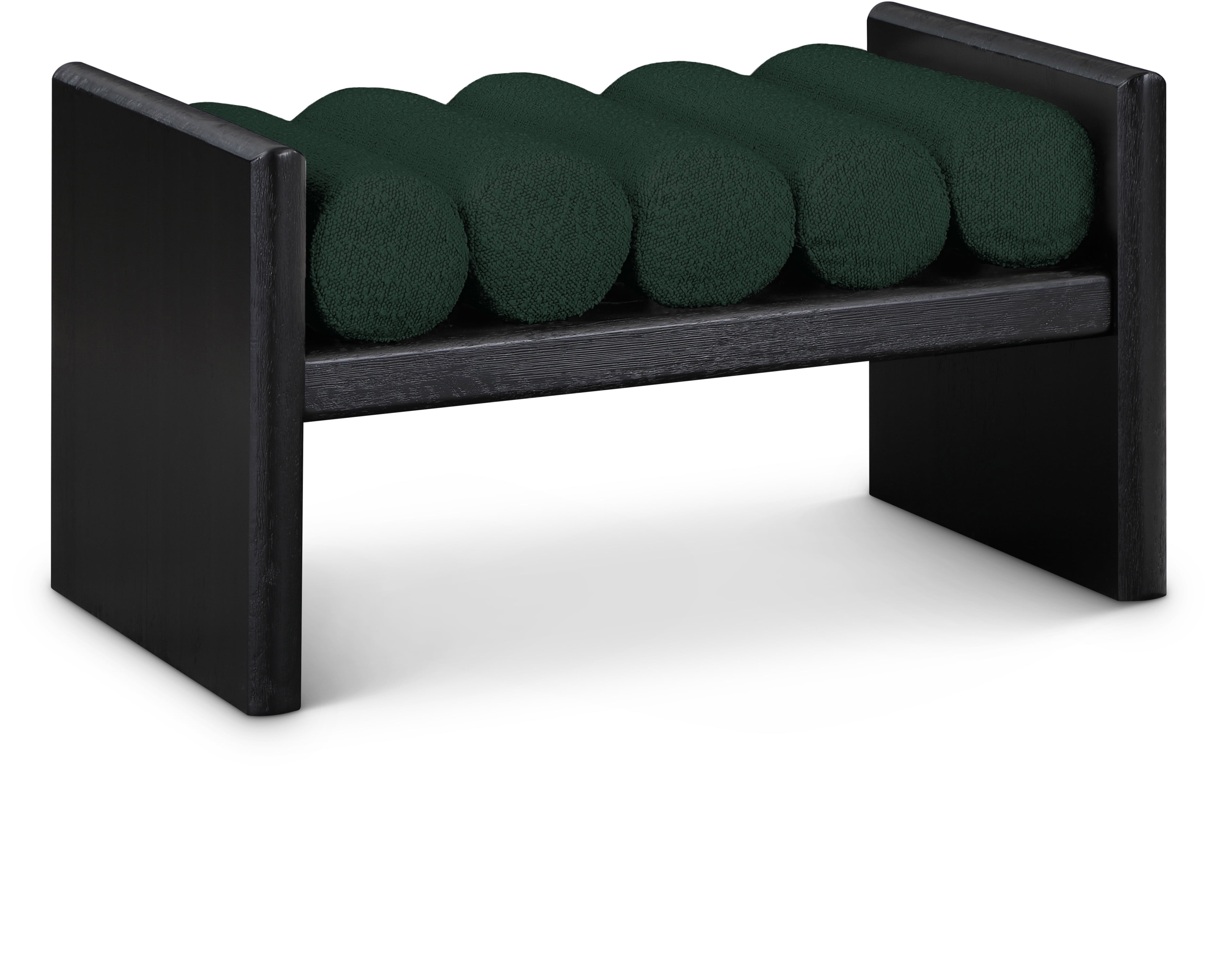 Green Boucle Fabric and Black Wood Bench