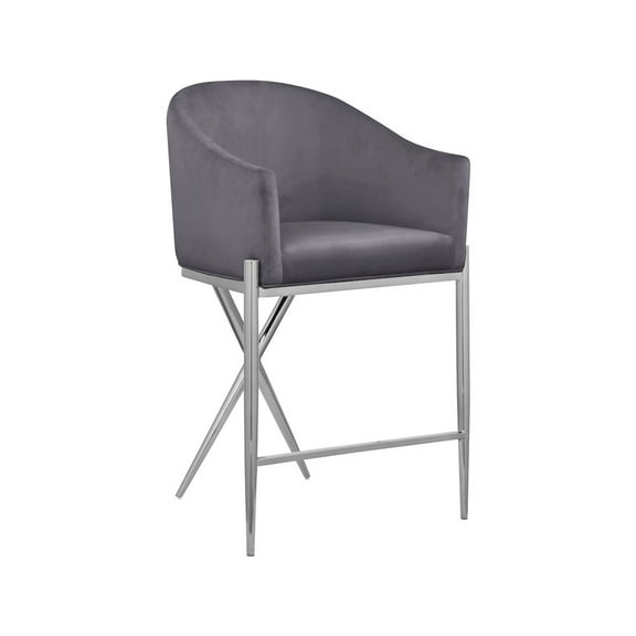 Meridian Furniture Xavier Gray Velvet Counter Stool with Chrome Metal Legs