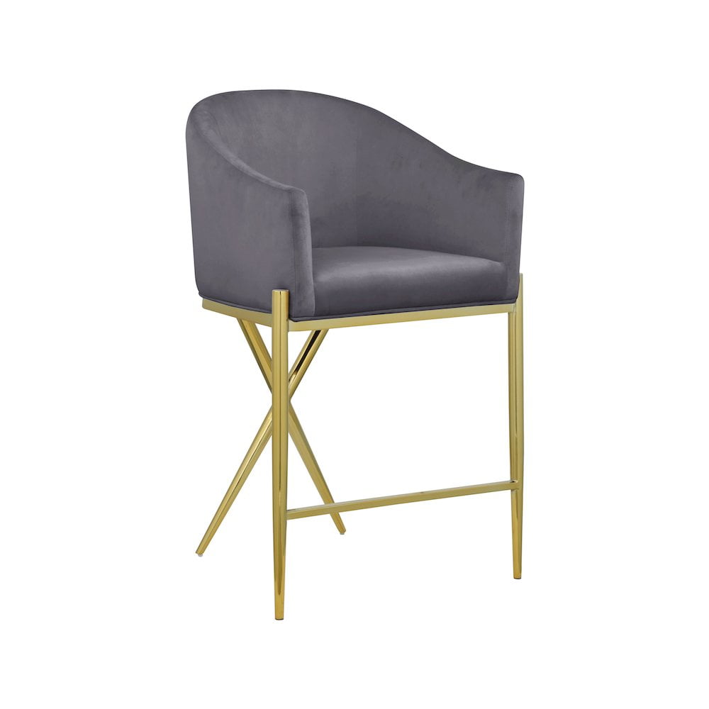 Contemporary Dark Gray Velvet Counter Stool with Gold Metal Legs