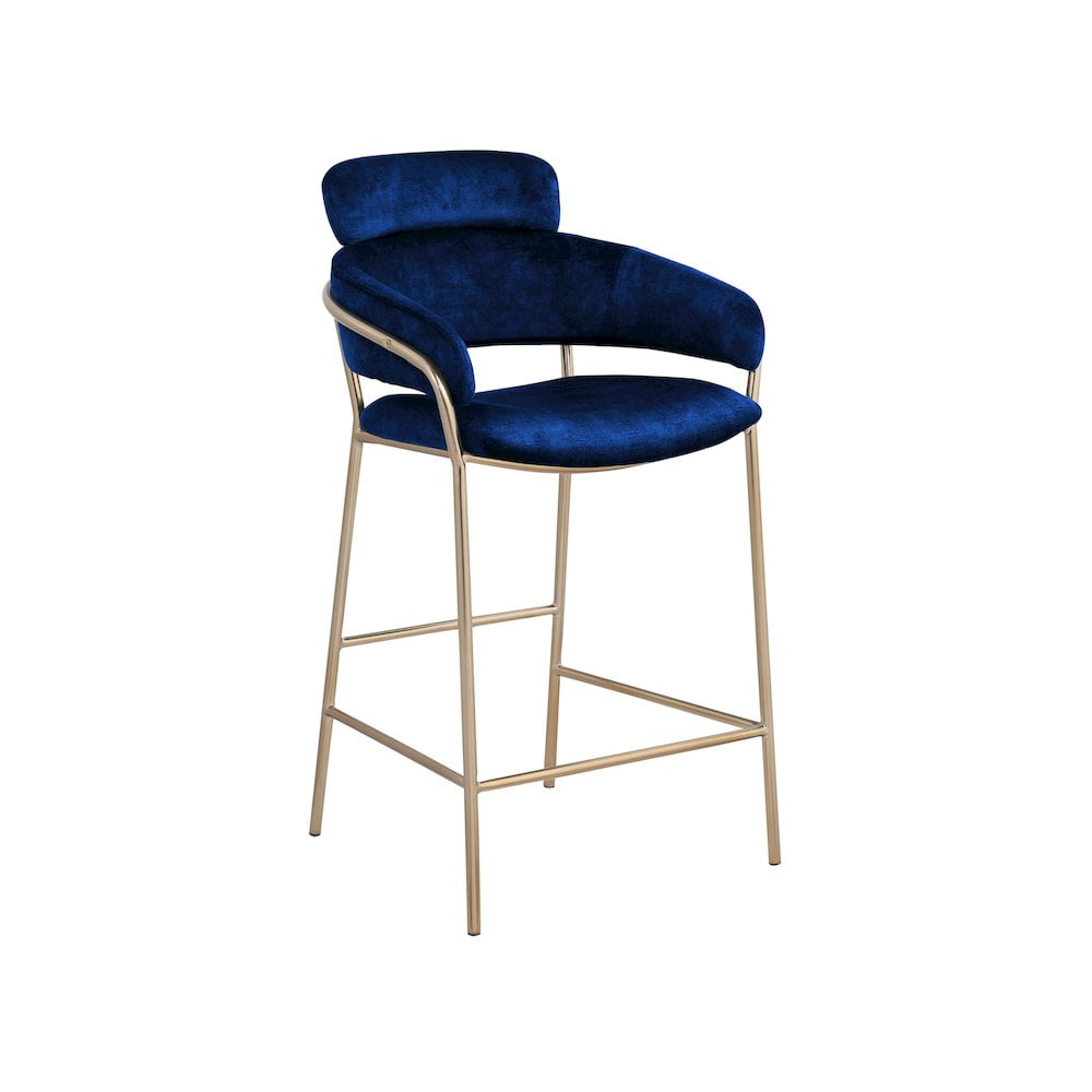 Yara Navy Velvet Counter Stool with Brushed Brass Finish