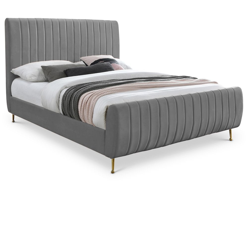 Gray Velvet King Bed with Tufted Upholstered Headboard