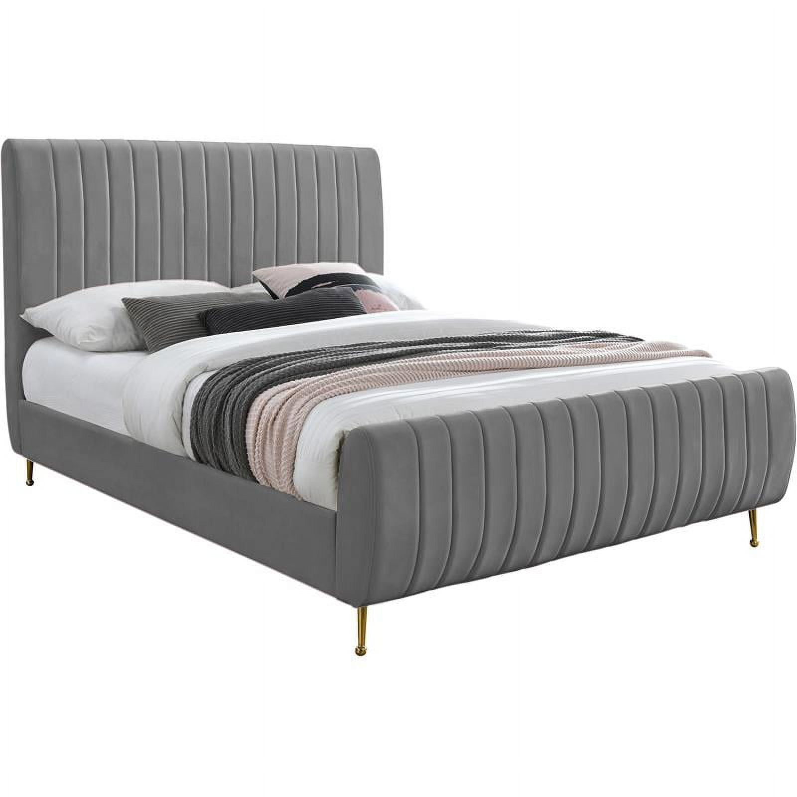 Gray Velvet Upholstered Queen Bed with Tufted Headboard